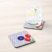 Elegant Red Tulips Spring Floral Blue Monogram Bier Onderzetter (Rechterzijde)