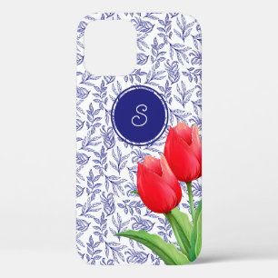 Elegant Red Tulips Spring Floral Blue Monogram Case-Mate iPhone Case