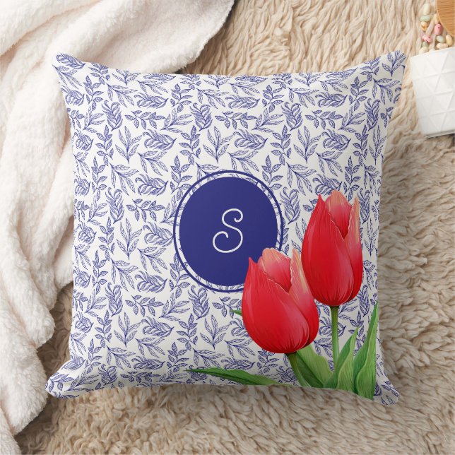 Elegant Red Tulips Spring Floral Blue Monogram Kussen (Deken)