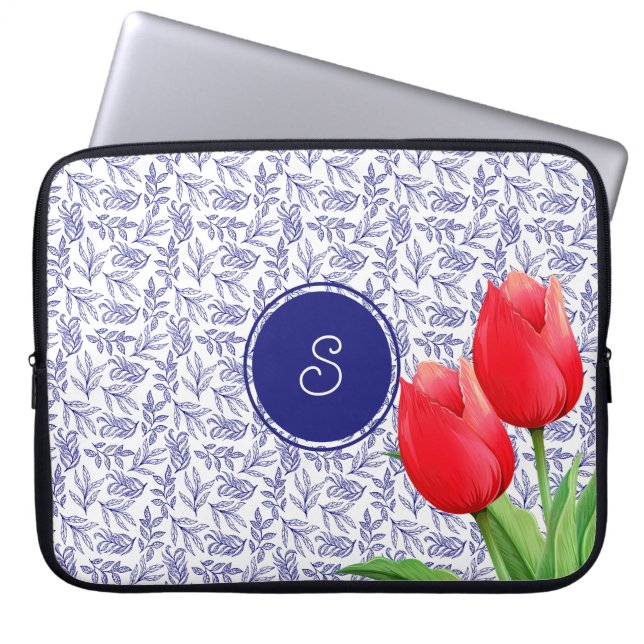 Elegant Red Tulips Spring Floral Blue Monogram Laptop Sleeve (Voorkant)