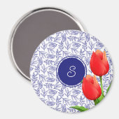 Elegant Red Tulips Spring Floral Blue Monogram Magneet (Voorkant / Achterkant)