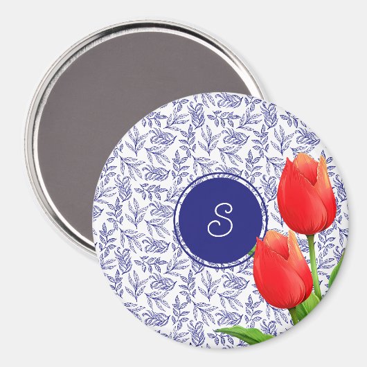 Elegant Red Tulips Spring Floral Blue Monogram Magneet (Voorkant / Achterkant)