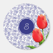 Elegant Red Tulips Spring Floral Blue Monogram Magneet (Voorkant)