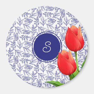 Elegant Red Tulips Spring Floral Blue Monogram Magneet