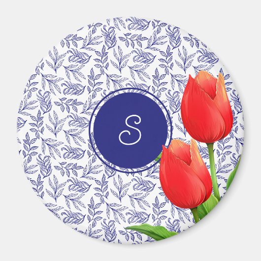 Elegant Red Tulips Spring Floral Blue Monogram Magneet (Voorkant)