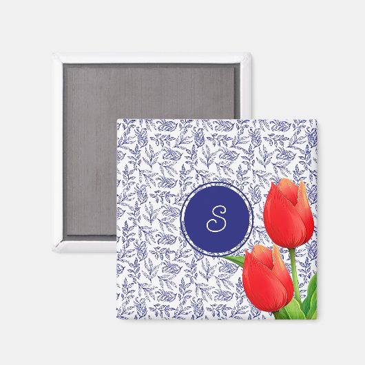 Elegant Red Tulips Spring Floral Blue Monogram Magneet (Voorkant / Achterkant)