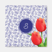 Elegant Red Tulips Spring Floral Blue Monogram Magneet (Voorkant)