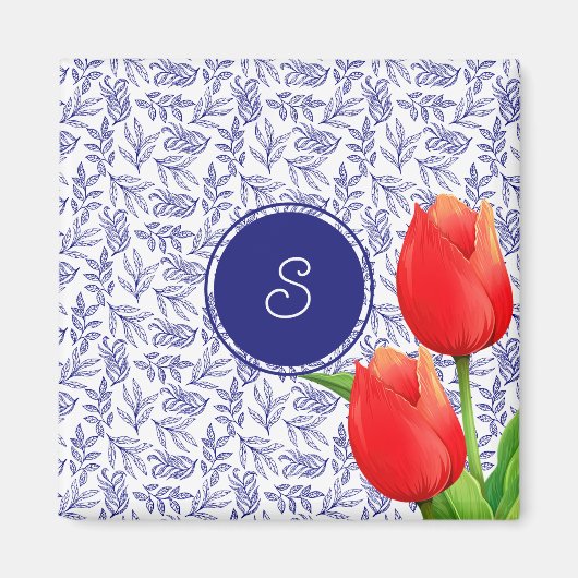 Elegant Red Tulips Spring Floral Blue Monogram Magneet (Voorkant)