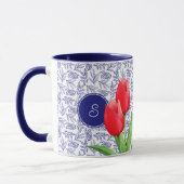 Elegant Red Tulips Spring Floral Blue Monogram Mok (Links)