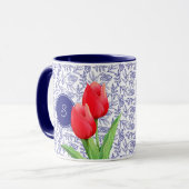 Elegant Red Tulips Spring Floral Blue Monogram Mok (Voorkant links)
