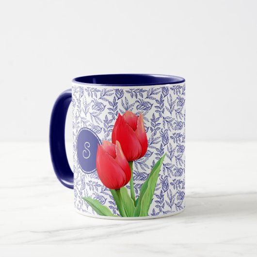 Elegant Red Tulips Spring Floral Blue Monogram Mok (Voorkant links)