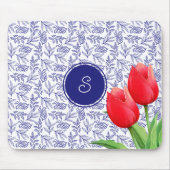 Elegant Red Tulips Spring Floral Blue Monogram Muismat (Voorkant)