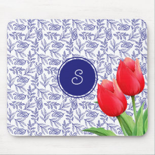 Elegant Red Tulips Spring Floral Blue Monogram Muismat