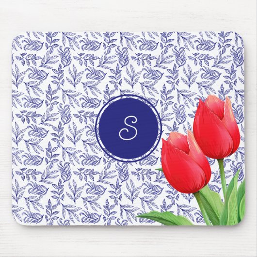 Elegant Red Tulips Spring Floral Blue Monogram Muismat (Voorkant)