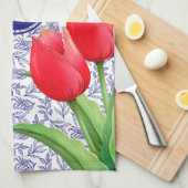 Elegant Red Tulips Spring Floral Blue Monogram nie Theedoek (Quarter Fold)