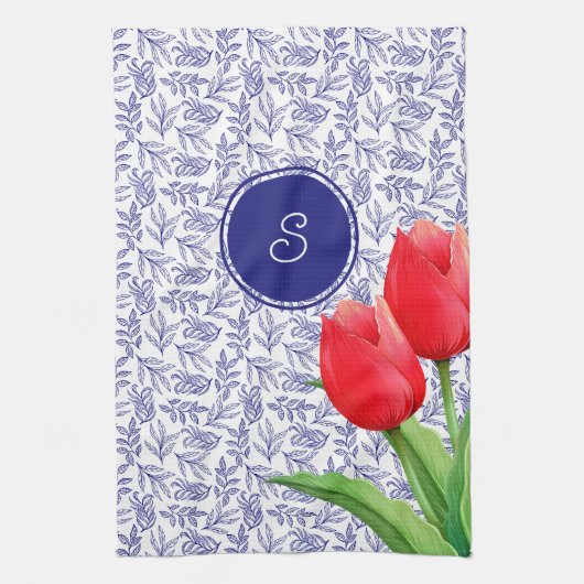 Elegant Red Tulips Spring Floral Blue Monogram nie Theedoek (Verticaal)