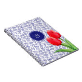 Elegant Red Tulips Spring Floral Blue Monogram Notitieboek (Rechterzijde)