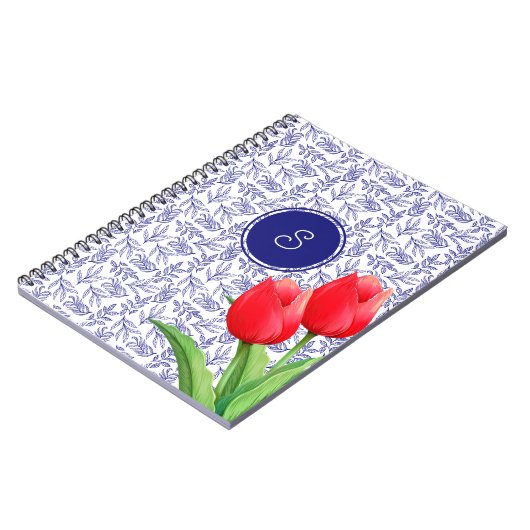Elegant Red Tulips Spring Floral Blue Monogram Notitieboek (Linkerzijde)