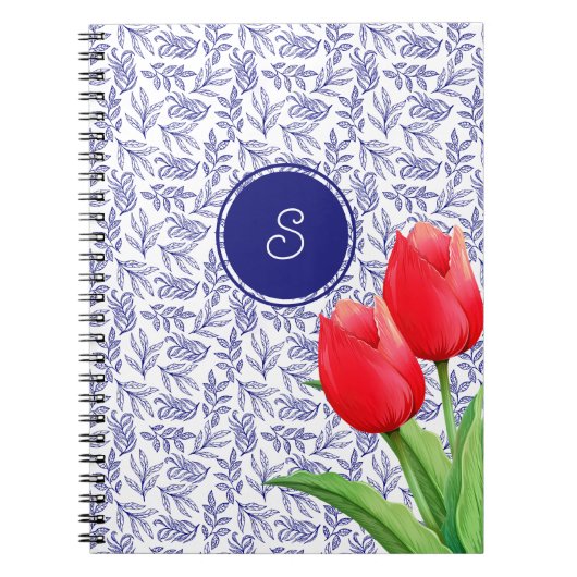 Elegant Red Tulips Spring Floral Blue Monogram Notitieboek (Voorkant)