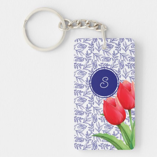 Elegant Red Tulips Spring Floral Blue Monogram Pla Sleutelhanger (Voorkant)