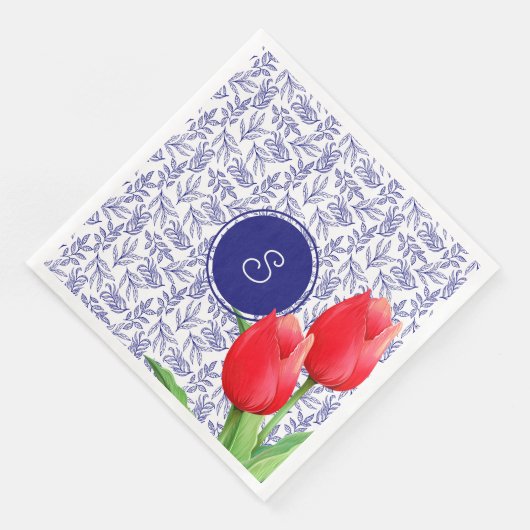 Elegant Red Tulips Spring Floral Blue Monogram Servet (Hoek)