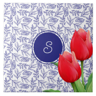 Elegant Red Tulips Spring Floral Blue Monogram Tegeltje