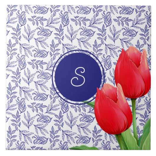 Elegant Red Tulips Spring Floral Blue Monogram Tegeltje (Voorkant)