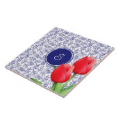 Elegant Red Tulips Spring Floral Blue Monogram Tegeltje (Zijkant)