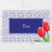Elegant Red Tulips Spring Floral Blue Voedselcontainer Etiket (Enkel label)