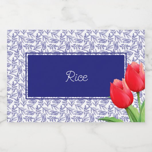 Elegant Red Tulips Spring Floral Blue Voedselcontainer Etiket (Enkel label)