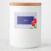Elegant Red Tulips Spring Floral Blue Voedselcontainer Etiket (Voorkant)