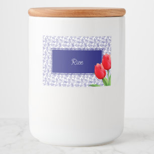 Elegant Red Tulips Spring Floral Blue Voedselcontainer Etiket