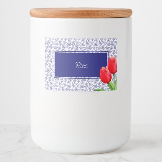 Elegant Red Tulips Spring Floral Blue Voedselcontainer Etiket (Voorkant)