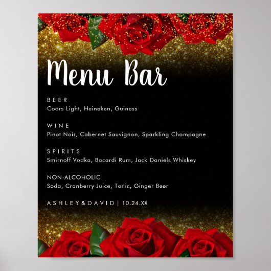 Elegant Red Turkey Rozen Wedding Menu Bar Poster (Voorkant)