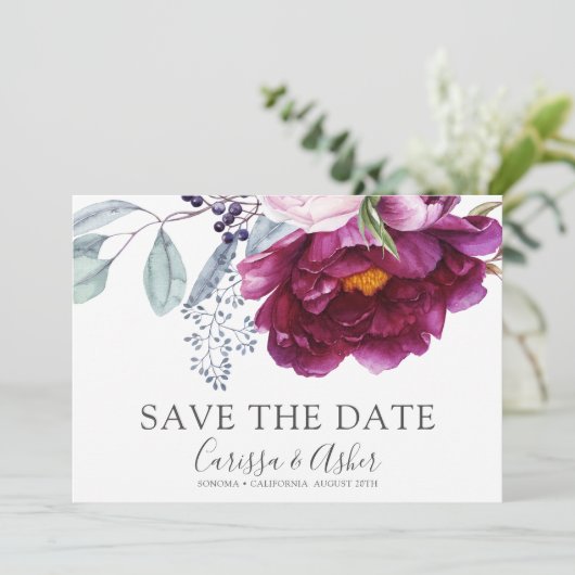 Elegant Red Violet Green Floral bewaar de datum Save The Date (Staand voorkant)