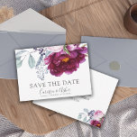 Elegant Red Violet Green Floral bewaar de datum Save The Date<br><div class="desc">Een elegante waterverf floral botanical behalve de date bruiloft aankondiging in tinten van rood violet en roze met bladgroen. Het type van manuscript contrasted met klassieke en tijdloze serif typografie. Moderne elegantie.</div>