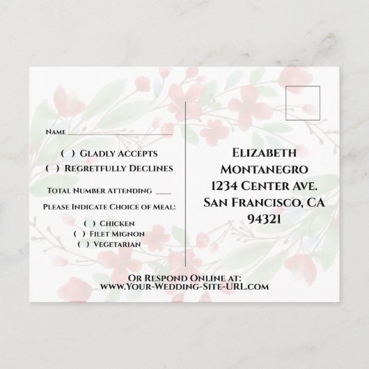 Elegant Red Waterverf Blossom Weddenschap RSVP Briefkaart (Achterkant)