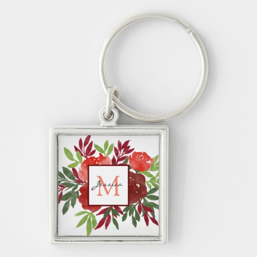 Elegant Red Waterverf Flowers Monogram Sleutelhanger (Voorkant)