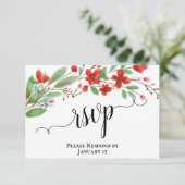 Elegant Red Waterverf Flowers Wedding RSVP Kaartje (Staand voorkant)