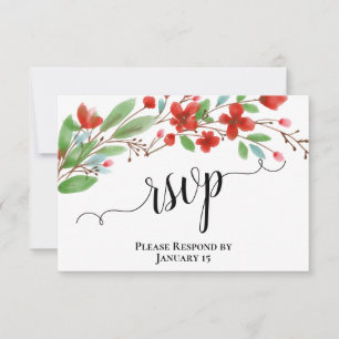 Elegant Red Waterverf Flowers Wedding RSVP Kaartje