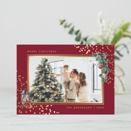 Elegant Red Waterverf - kerstkaarten voor foto's Feestdagenkaart (Staand voorkant)