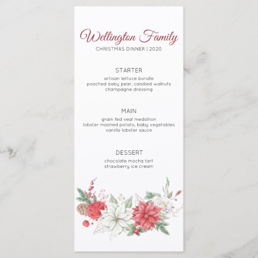 Elegant Red Waterverf Poinsettia Kerstmis Menu (Voorkant)