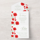 Elegant Red Waterverf Poppy Floral Garden Wedding All In One Uitnodiging (Binnen)