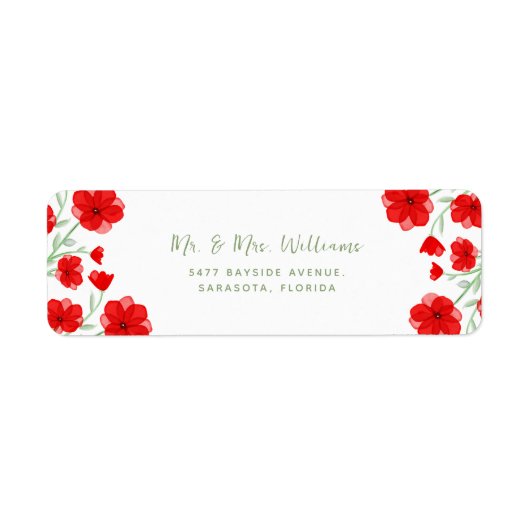 Elegant Red Waterverf Poppy Floral Greenery Etiket (Voorkant)
