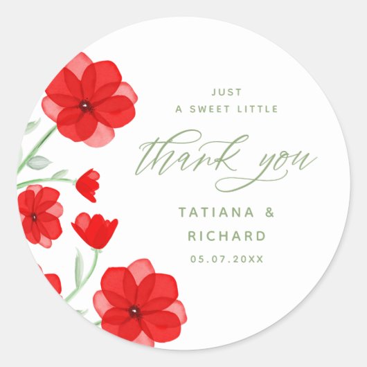 Elegant Red Waterverf Poppy Floral Hartelijk dank Ronde Sticker (Voorkant)