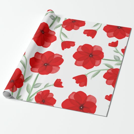 Elegant Red Waterverf Poppy Floral Pattern Cadeaupapier (Uitgerold)