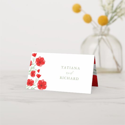 Elegant Red Waterverf Poppy Floral Table Number Plaatskaartje (Voorkant)
