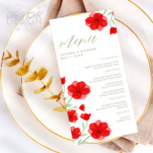 Elegant Red Waterverf Poppy Floral Wedding Menu