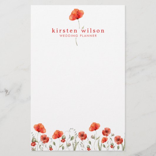 Elegant Red Waterverf Poppy Flowers gepersonalisee Briefpapier (Voorkant)