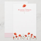 Elegant Red Waterverf Poppy Flowers gepersonalisee Briefpapier (Voorkant / Achterkant)